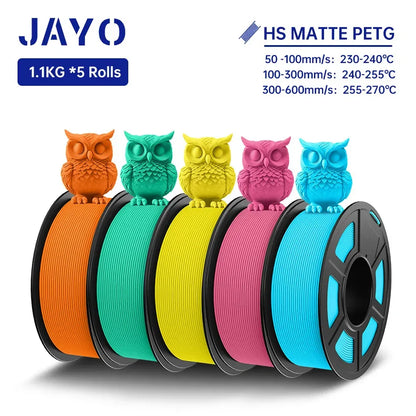 JAYO PETG 3D Filament 1.75MM High Speed PETG 3D Printer Filament 5Rolls High Flow Speedy Matte Effect 3D Printing Mateials