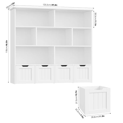 Getone Kids Toy Storage Unit Childrens Bookcase with 4 roller drawers 8 shelves Toy Organiser Kids Bookshelf for Nursery Playroom 125.5x33x118cm White/ Pink