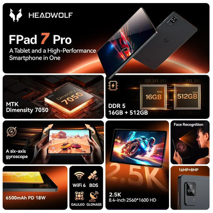 Headwolf FPad7 PRO Android 15 Tablet 8 inch 2.5K HD Max 16GB+512GB, 6500mAh PD18W, 8MP+16MP Camera, SIM 4G LTE WiFi 6