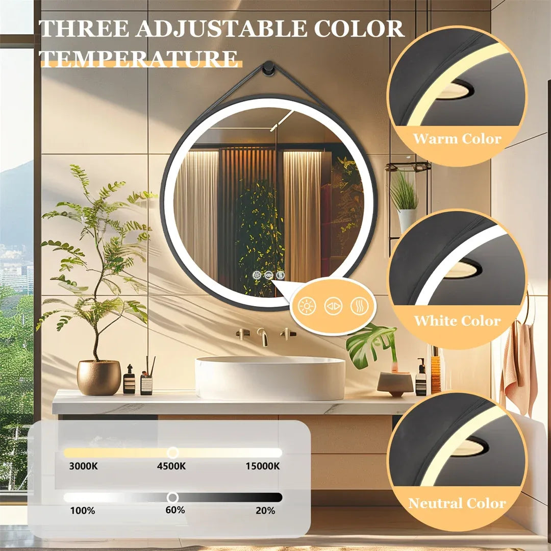 LUVODI 32-Inch Large Round Bathroom Mirror with LED Lights Black Frame Touch Sensor Lighted Mirror for Bathrooms