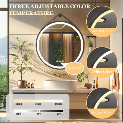 LUVODI 32-Inch Large Round Bathroom Mirror with LED Lights Black Frame Touch Sensor Lighted Mirror for Bathrooms