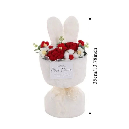 Rabbit Ears Crochet Flower Bouquet Handmade Completed Flower Bouquet with Gift Bag Creative Knit Rose Bouquet for Mother's Day