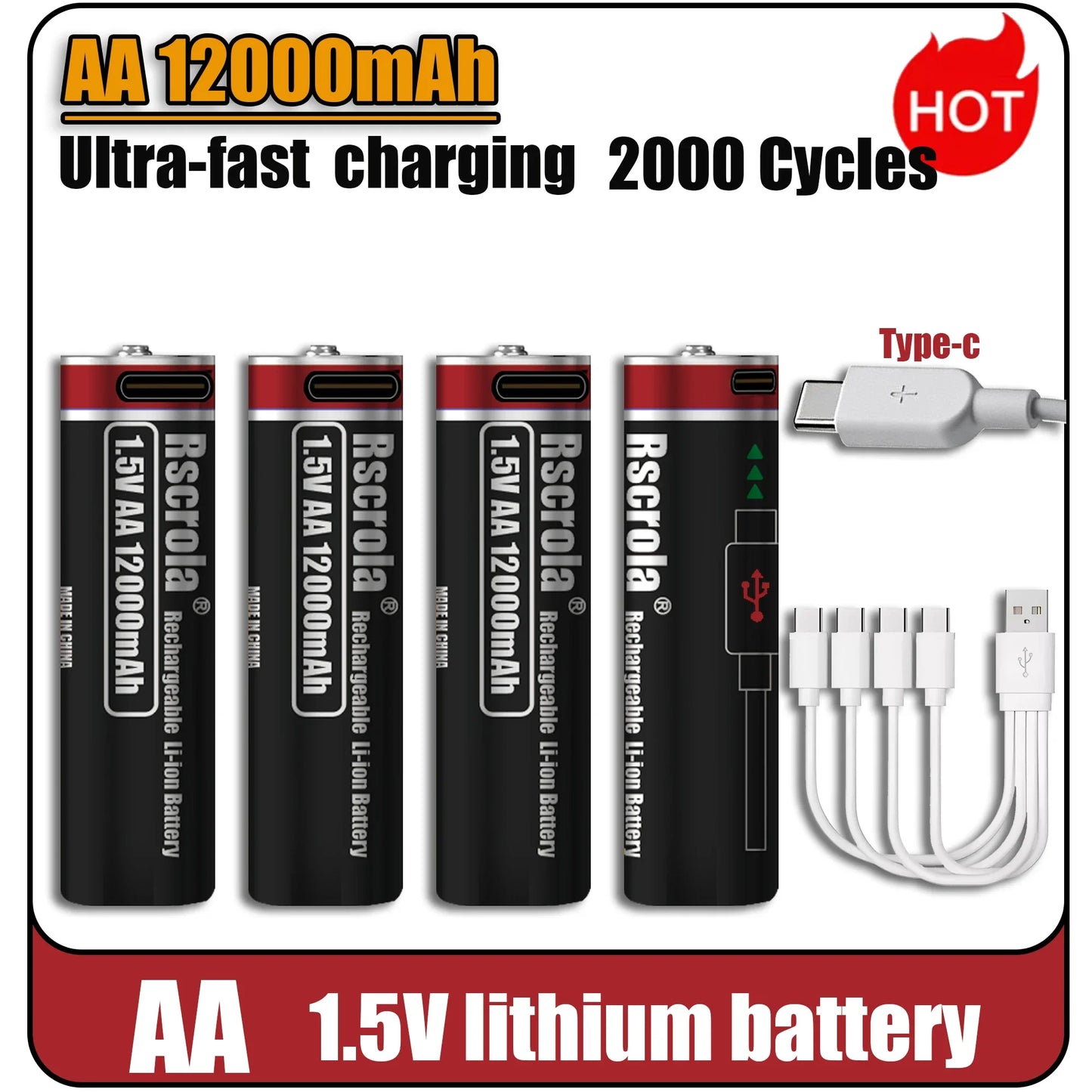 2026 Hot Rechargeable Battery Lithium-ion 1.5V AA1200mAh Rechargeable Battery 1.5V AAA6800mAh Battery with USB-C Cables