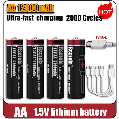 2026 Hot Rechargeable Battery Lithium-ion 1.5V AA1200mAh Rechargeable Battery 1.5V AAA6800mAh Battery with USB-C Cables