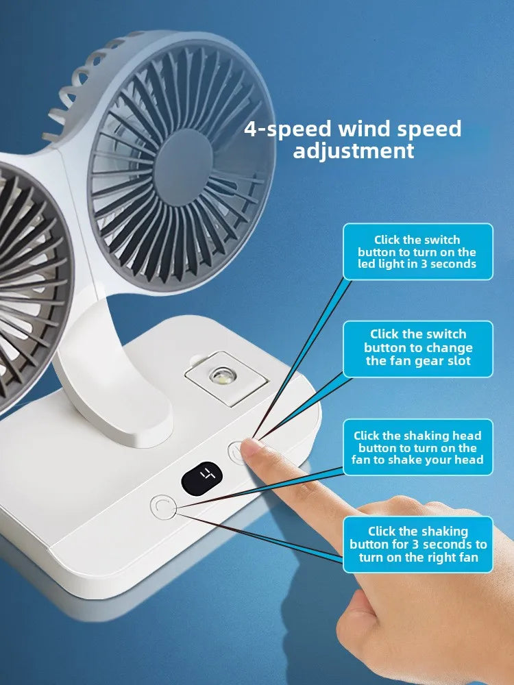 2024 New Multi-Function Double-Head Shaking Fan 4-Gears Adjustable High-Definition Digital Display Night Lights Portable Fan