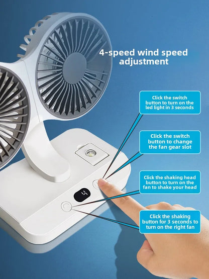 2024 New Multi-Function Double-Head Shaking Fan 4-Gears Adjustable High-Definition Digital Display Night Lights Portable Fan