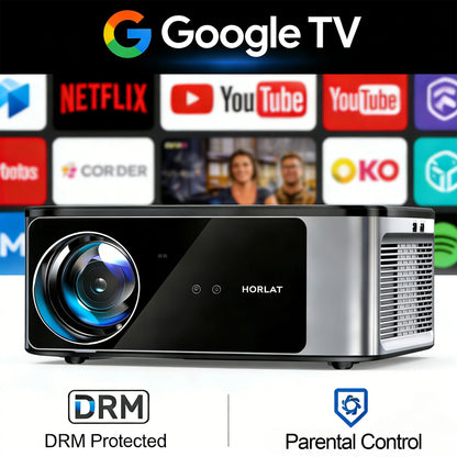 HORLAT Google TV Android 14 Projector 3000ANSI Lumens Auto Focus WiFi 6 3D Full HD 1080P 4K Support Smart Home Theater Projector