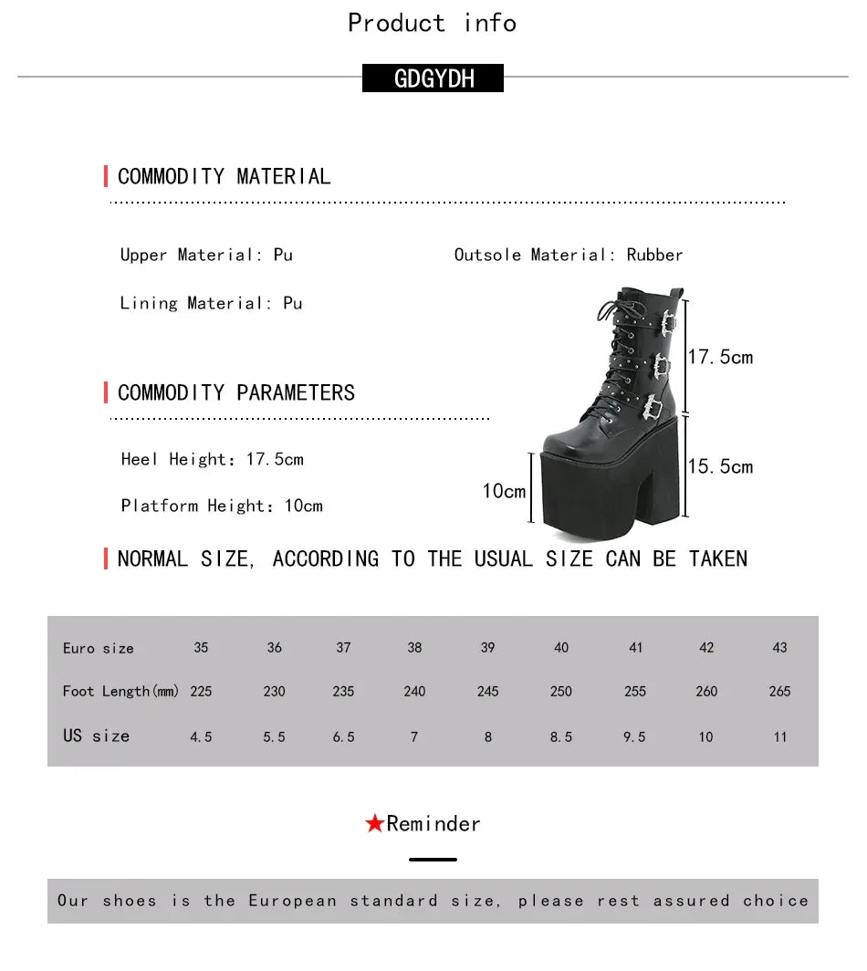 Gdgydh Lace up Chunky Heel Mid Calf Booties for Women Block High Heel Platform Combat Boots Gothic Metal Bat Gothic Shoes