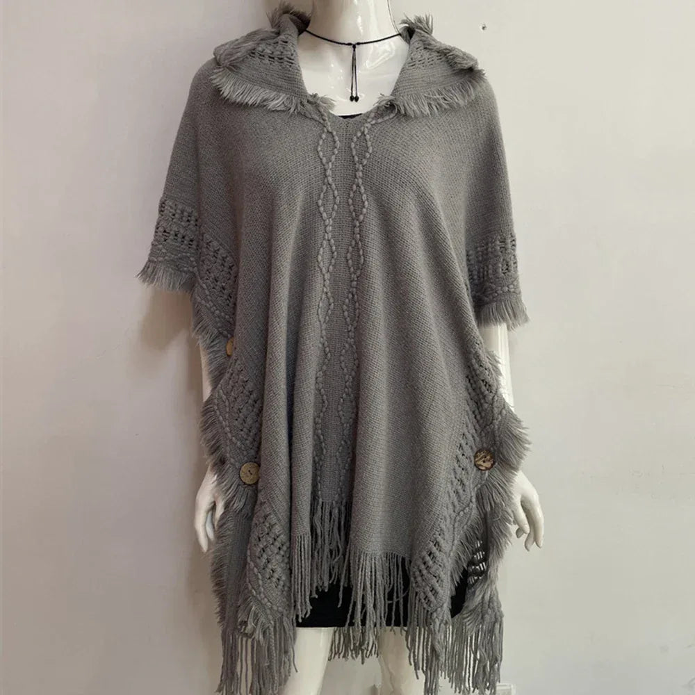 Women Knitted Cape Shawl Wrap Cloak Ethnic Hooded Poncho Hoody Jumper Sweater Tassels Dropshipping