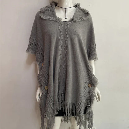 Women Knitted Cape Shawl Wrap Cloak Ethnic Hooded Poncho Hoody Jumper Sweater Tassels Dropshipping
