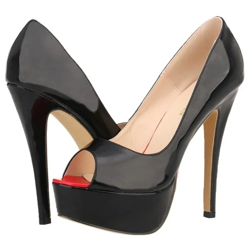 LOSLANDIFEN Sexy Peep Toe Platform Women Pumps 14cm Super High Patent Leather Heels Shoes Red Wedding Stilettos Large Size 43 44