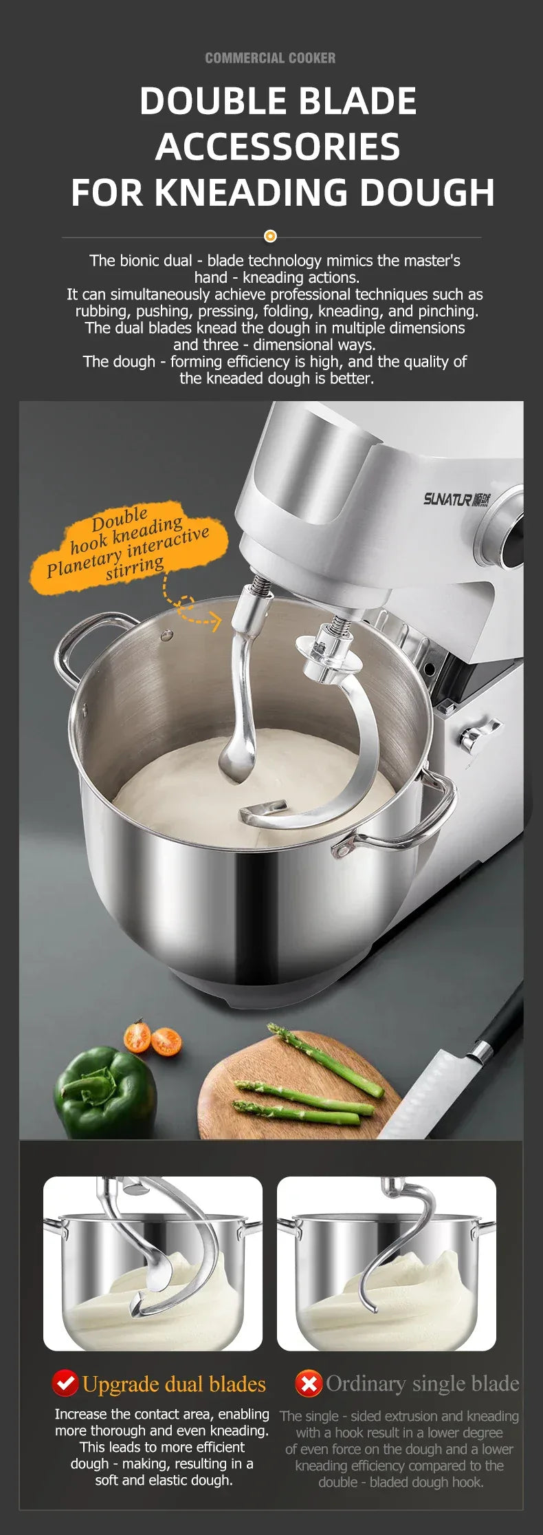 SUNATUR 16L Stand Mixer 2200w electric kitchen blender Commercial Food processor Large capacity Two kneading hooks dough mixer