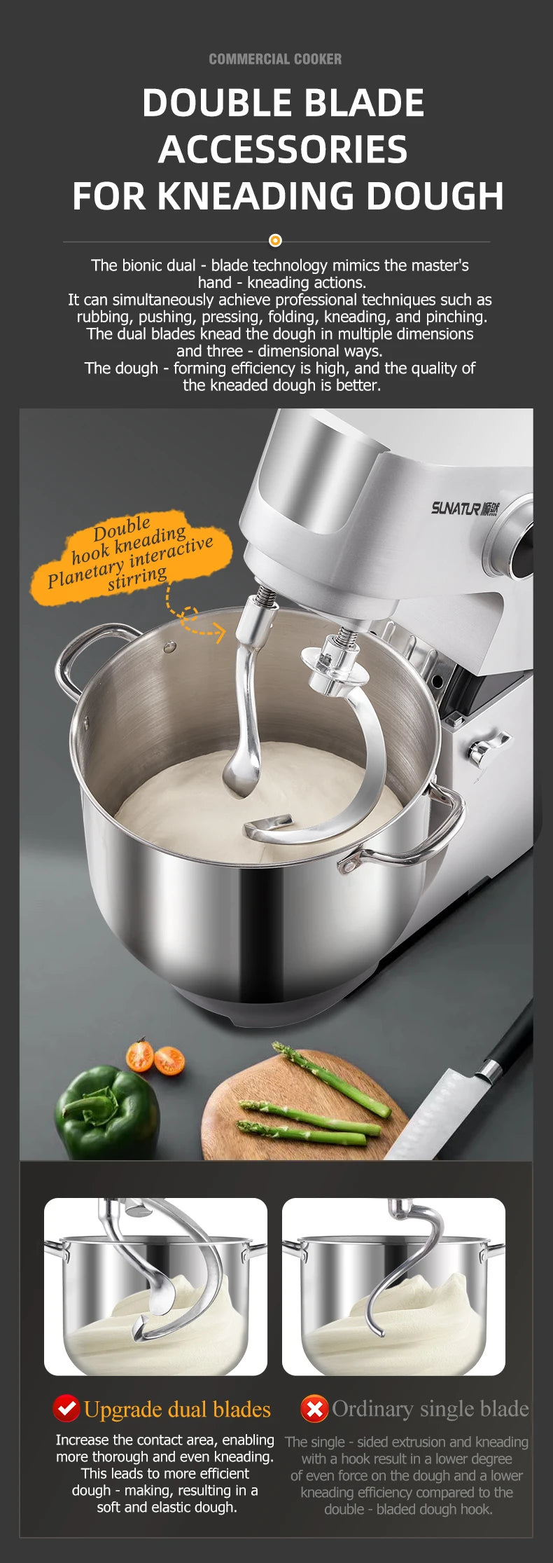 SUNATUR 16L Stand Mixer 2200w electric kitchen blender Commercial Food processor Large capacity Two kneading hooks dough mixer