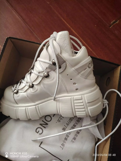 2025 Celebrity Inspired Heavy Metal Platform High-Top Shoes Women Punk Small Leather Shoes Gothic Dark Motorcycle Boots Fashion