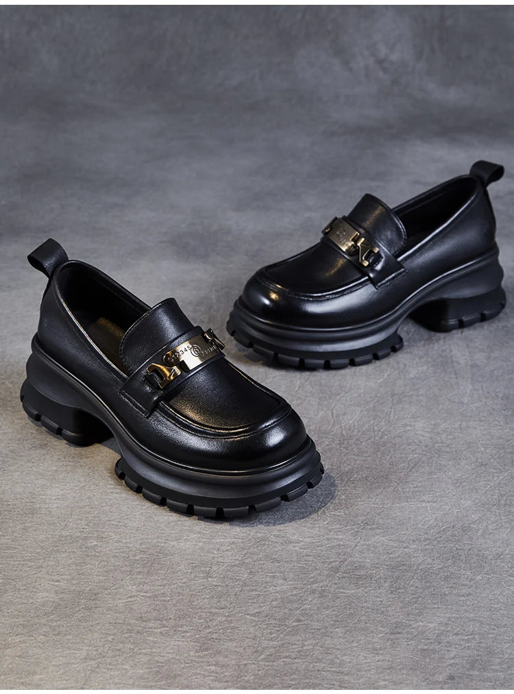 DRKANOL Women Genuine Leather Loafers 2026 Spring Autumn Thick High Heel Chunky Platform Handmade Retro Metal Trend Casual Shoes