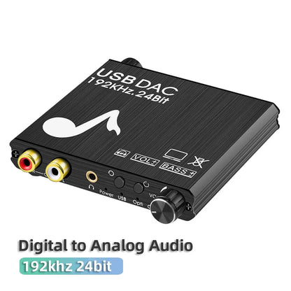 USB DAC 192kHz 24Bit Digital to Analog Converter with Bass&Volume Control Coaxial Toslink to Analog Stereo L/R RCA