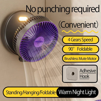 New 5000mAh Rechargeable 3IN1 Multifunctional Portable Fan Wall Mounted Fan 90° Folding Fan 4 Gears With Warm Night Light