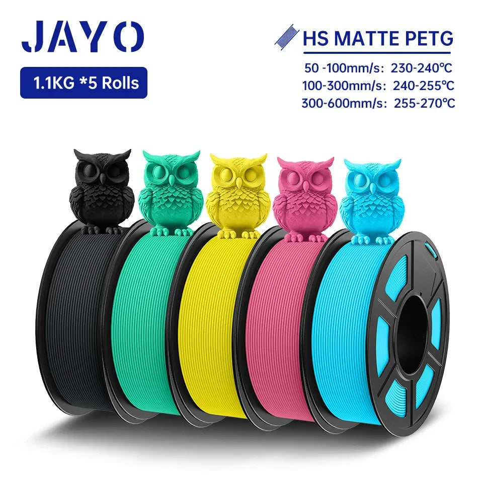 JAYO PETG 3D Filament 1.75MM High Speed PETG 3D Printer Filament 5Rolls High Flow Speedy Matte Effect 3D Printing Mateials