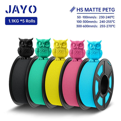 JAYO PETG 3D Filament 1.75MM High Speed PETG 3D Printer Filament 5Rolls High Flow Speedy Matte Effect 3D Printing Mateials