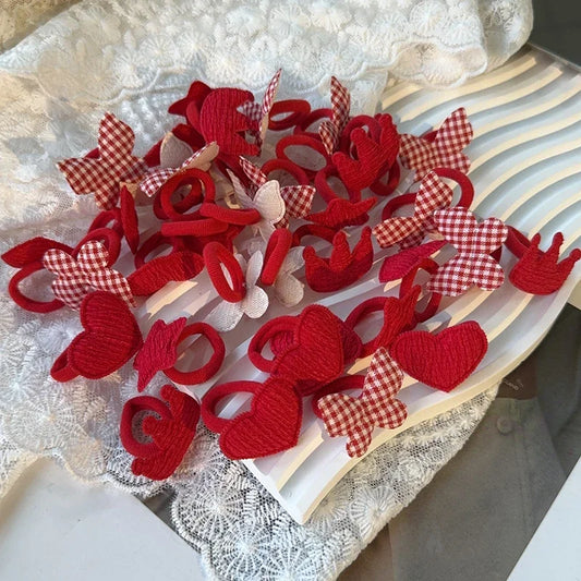 Lot de 10 élastiques à cheveux rouges pour filles, motif couronne et papillon, pour le Nouvel An. Sans danger pour les cheveux. Cordon en caoutchouc pour queue de cheval.