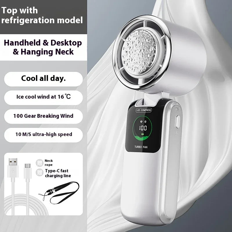5-Speed Strong Cooling Mini Fan, Foldable & Neck Hanging - 9H Long Battery, Powerful Wind with LED for Office Outdoor Travel