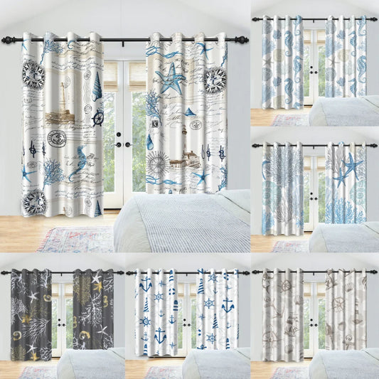 2pcs Vintage Nautical Element Curtains Seashells Starfish Coral Prints Blackout Curtain Living Room Boys Bedroom Window Drapes by PDG ibma