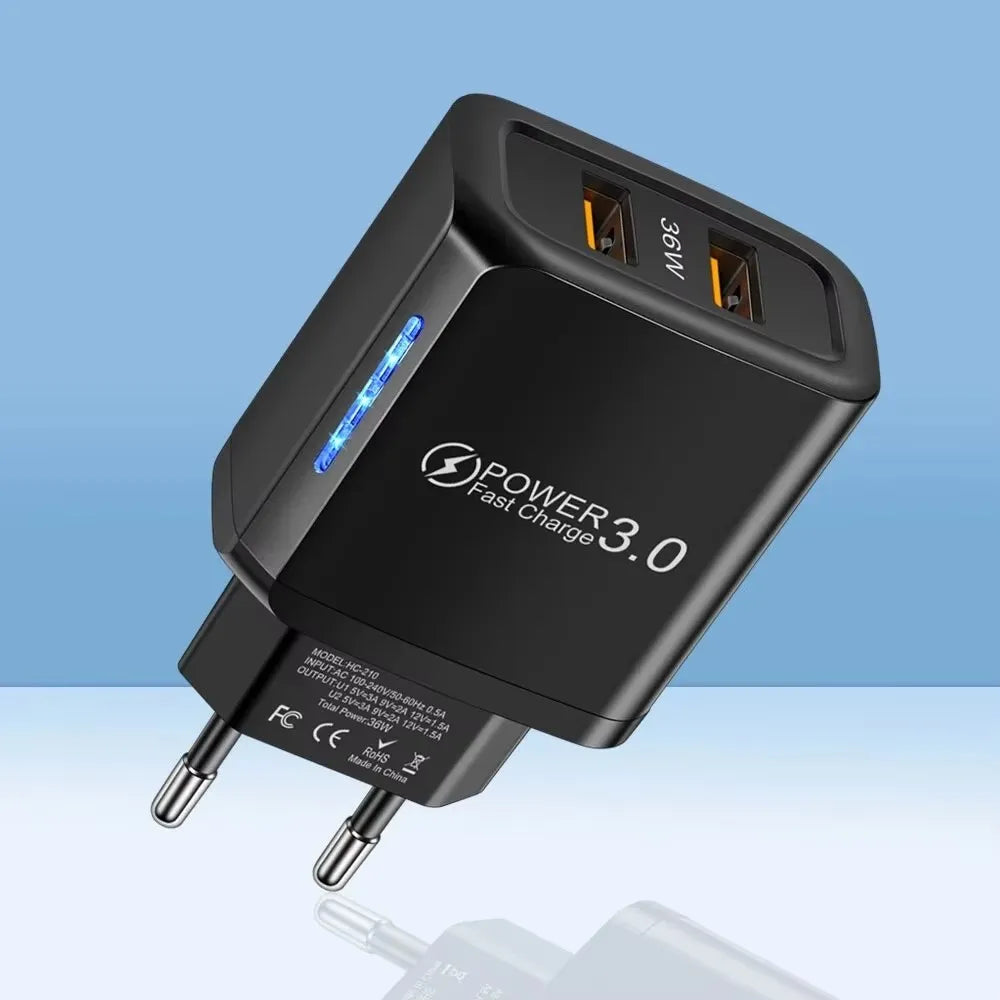 2 USB Charger 36W Fast Charging Double USB Quick Charge 3.0 for Samsung Xiaomi 14 HUAWEI OPPO Oneplus Mobile Phone Wall Adapter
