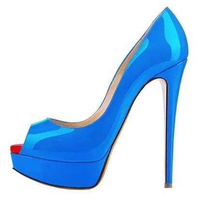 LOSLANDIFEN Sexy Peep Toe Platform Women Pumps 14cm Super High Patent Leather Heels Shoes Red Wedding Stilettos Large Size 43 44