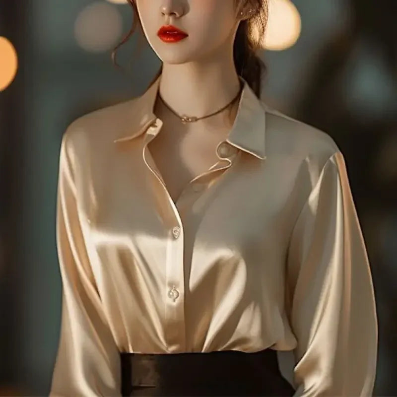 Spring Autumn Women's Solid Polo-Neck Blouses Button Up Elegant Loose Long Sleeve Clothes Office Ladies French Black Shirt Tops