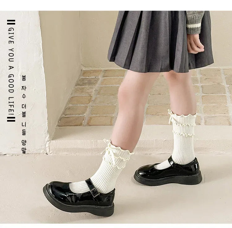 Korean Fashion Lace Lolita Calf Sock for Kids Girl Beige Black Color Ruffle Bow Children Calf Sock Spring Autumn Cotton Sock