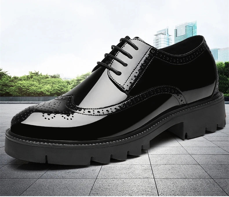 Luxury Men Brogues Patent Leather Elevator Shoes Man Height Increase Insole 8cm/10cm Black Formal Business Wedding Men Shoes New