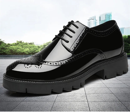 Luxury Men Brogues Patent Leather Elevator Shoes Man Height Increase Insole 8cm/10cm Black Formal Business Wedding Men Shoes New