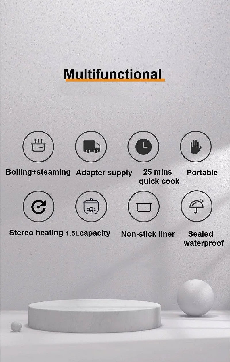 24V Car Electric Cooking Pot Non-stick Rice Cooker Portable Food Heater Multi-function Pot Truck Auto Keep Warm Pot 1.5L