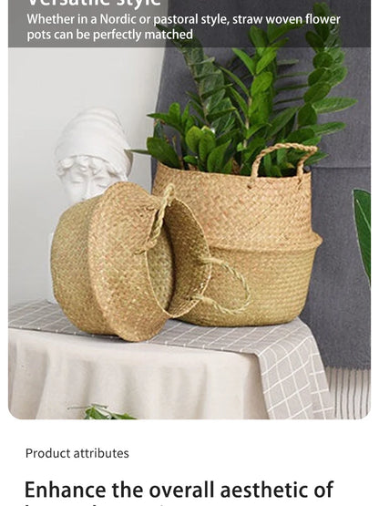 Nordic flower basket, portable woven basket, flower pot, straw woven, bamboo woven, plant woven, floor-standing folding straw wo