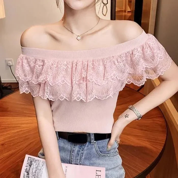 Sexy Ladies Tops Summer Blouse for Women 2024 Blusas Mujer De Moda Patchwork Lace Ruffles Blouses Tunic Sweet Knitted Shirts