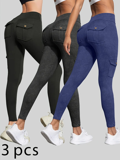 1/3 PCS Washed Print Work Pocket Women Leggings Elastic Butt Lifting Fitness Tights 2025 New Athletic Pants Fashion Streetwear