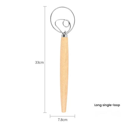 304 Stainless Steel Dough Whisk with Smooth Wooden Handle Sourdough & Bread Mixing 13 Inch Danish Dough Whisk Bread Tools