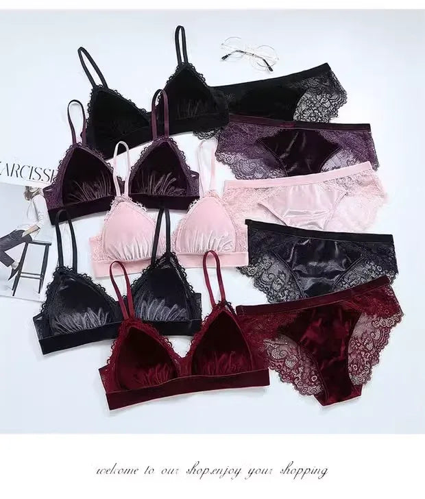 Women's Lace Velvet Wireless Underwear Set Thin Section Comfortable Bra And Panties for Autumn Winter