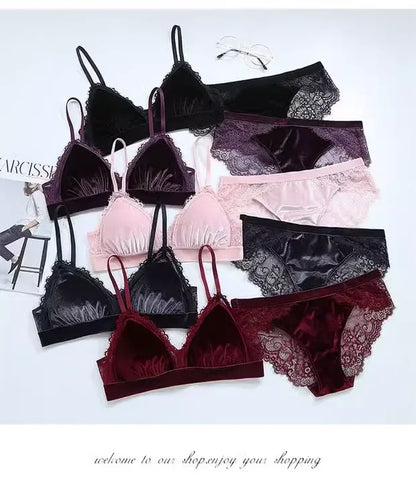 Women's Lace Velvet Wireless Underwear Set Thin Section Comfortable Bra And Panties for Autumn Winter