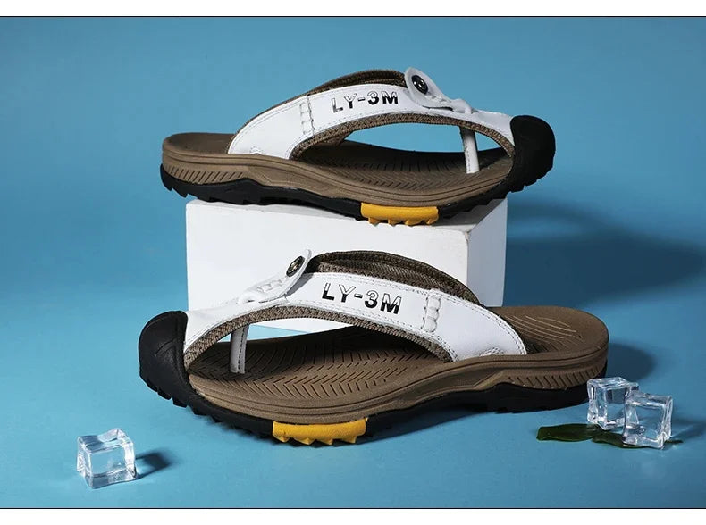 Genuine Cow Leather Shoes Men Sandals Mens Flip Flops Men's Casual Shoes Classic Massage Beach Slippers Anti-slip Summer 2025