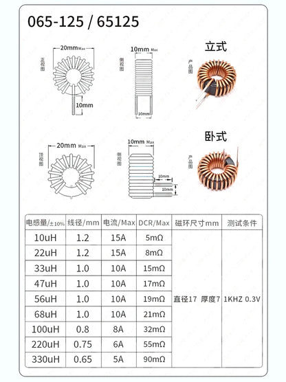 5Pcs Toroid core Inductors 65125 Winding Magnetic Inductance 22uH 33uH 470uH Inductor Iron Gauge Aluminum Magnetic Ring Coil
