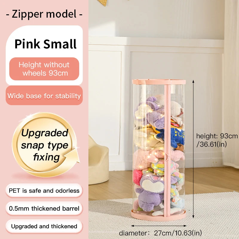 Transparent Multi-Functional Storage Bucket with Lid And Optional Wheels for Dolls Plush Toys Holiday Decorations Display Shelf