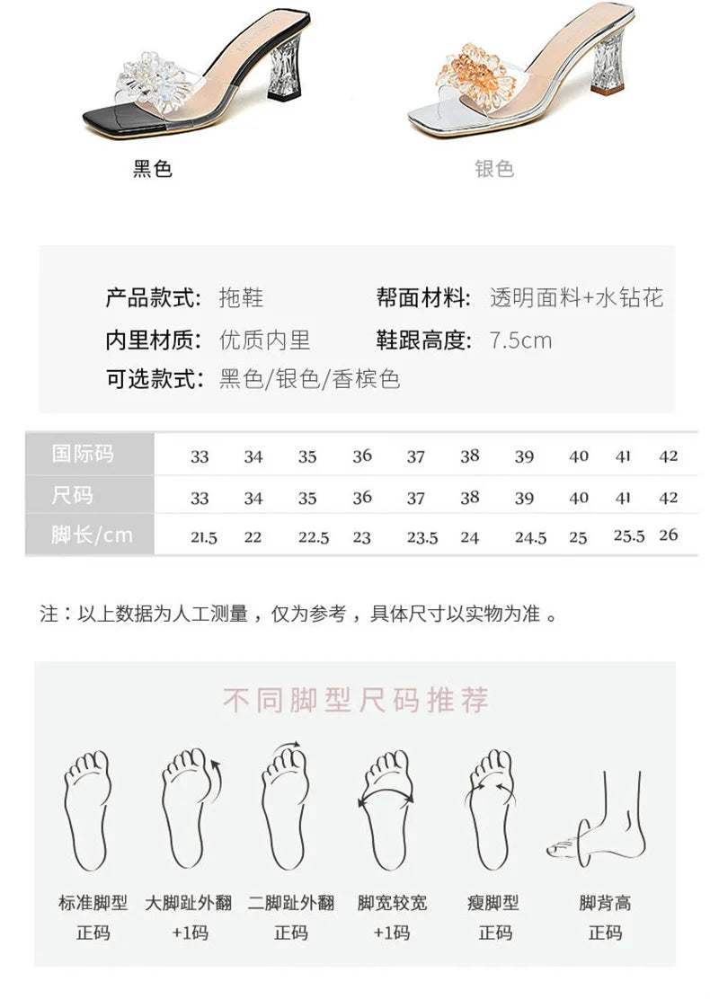 2023 Summer Square Head Open Toe Fashion Transparent Soft Flower Women's Slippers Crystal Heel New High Heel Sandals