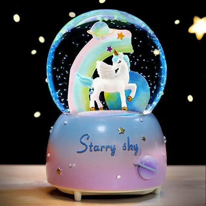 Unicorn Crystal Ball with LED Light Music Snow Globe Musical Box Resin Desktop Decoration Gift for Girls Kids Christmas Birthday