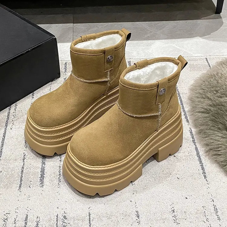 Platform High Heels Slippers Women Suede Mules Shoes Fur Warm Wedges Flip Flops 2025 Winter New Snow Boots Fashion Zapatos Mujer