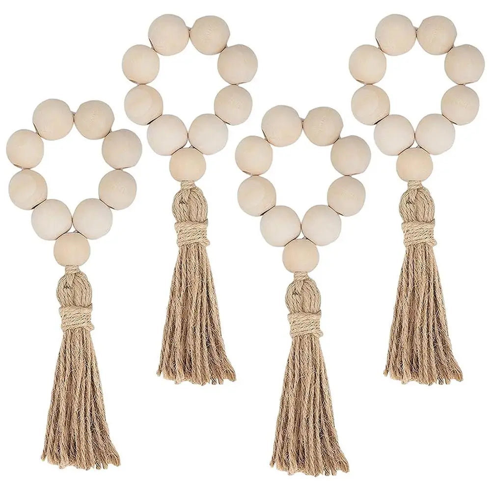 Wood Bead Napkin Rings Napkin Holders With Tassels Hand-Woven Boho Buckles For Christmas Farmhouse Wedding Home Table Decoration