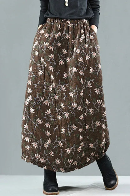 Careaymade New Autumn Winter Print Cotton Skirt Women Elastic Waist Thick Warm Long Skirts Female Loose Vintage Skirts