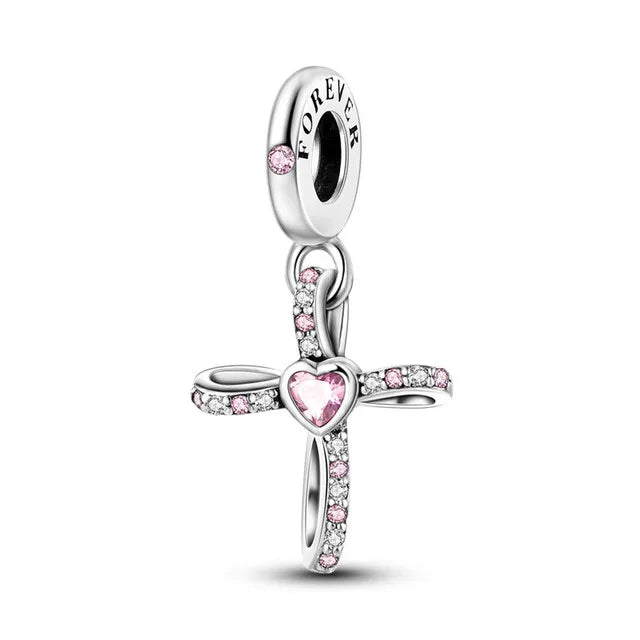 2025 Hot Sale Pink zircon aircraft passport cross Charm Beads Fit 925 Sterling Silver Original women Bracelet DIY Jewelry Gift