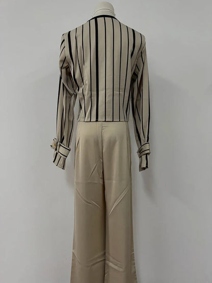Autumn Korean Fashion High End Long Sleeve Stripe Shirt High Waist Slim Suit Pants Formal Commuter Two Piece Set Women Outfits