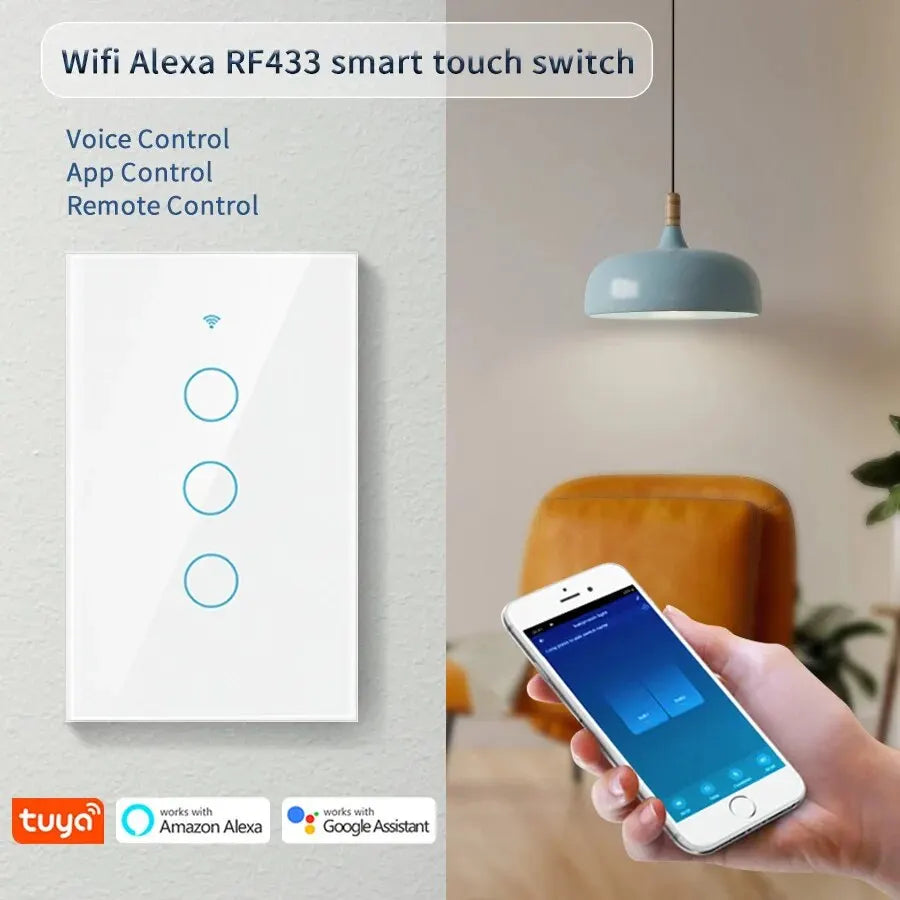 Tuya App US WiFi Smart Wall Switch 1/2/3/4 Gang No Neutral Wire Touch Sensor LED Light Switches Smart Home Alexa Google Home